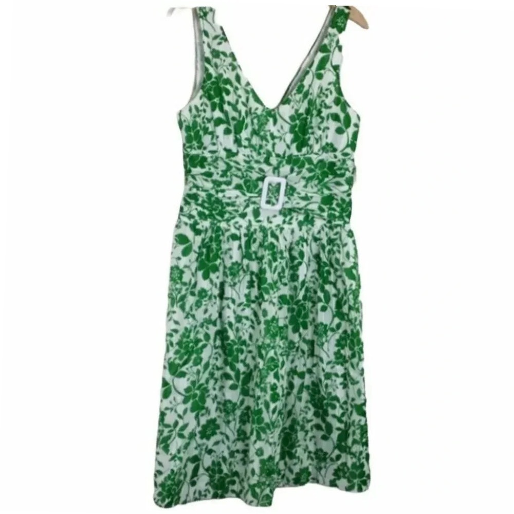Dressbarn Green White Floral Cotton Fit Flare V-Neck‎ Belted Dress Size 10 NEW